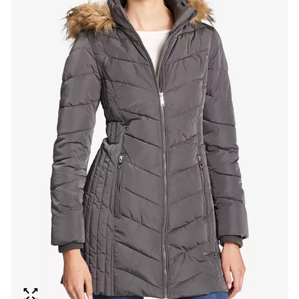 Tommy Hilfiger Women's Gray Puffer Coat with Faux Fur Hood